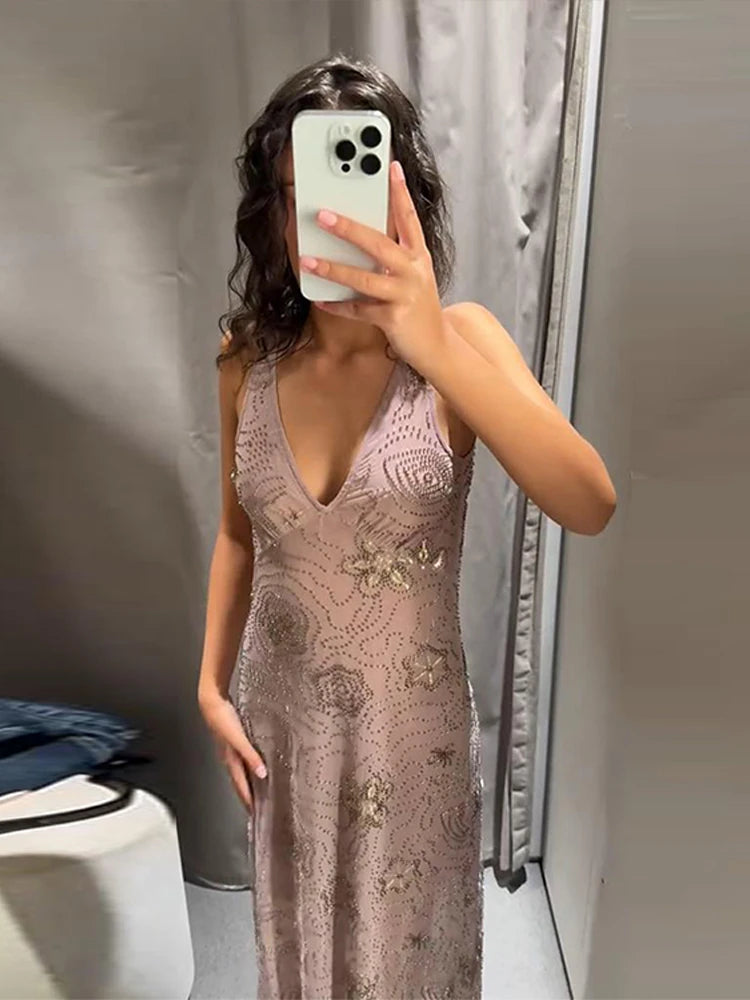 Bead Embroidery Sequin Ruffle Women Dress Sleeveless Backless Strap Sexy Evening Dresses 2025 Summer Party Holiday Street Robe