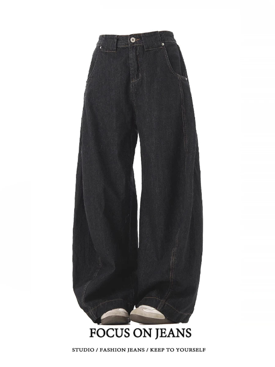 American Retro Deconstructed Bla Knife  Jeans Women's Loose Silhouette Wide Leg Floor Length Trousers Casual High Waist...