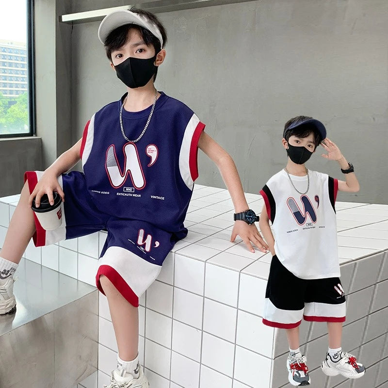 New Casual Breathable Children's Clothing Medium Large Kid Boy Girl Vest Shorts Set Kids Vest Basketball Jersey Quick-Dry Set