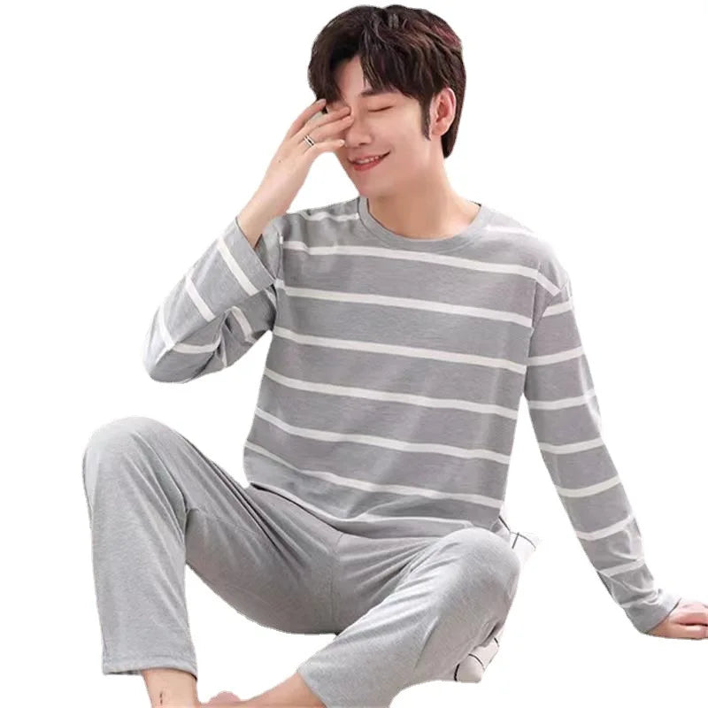 Men's Casual Pyjamas - Long-Sleeved Spring/Autumn Homewear Lightweight Pyjama Set for Young and Middle-Aged Men in Autumn/Winter
