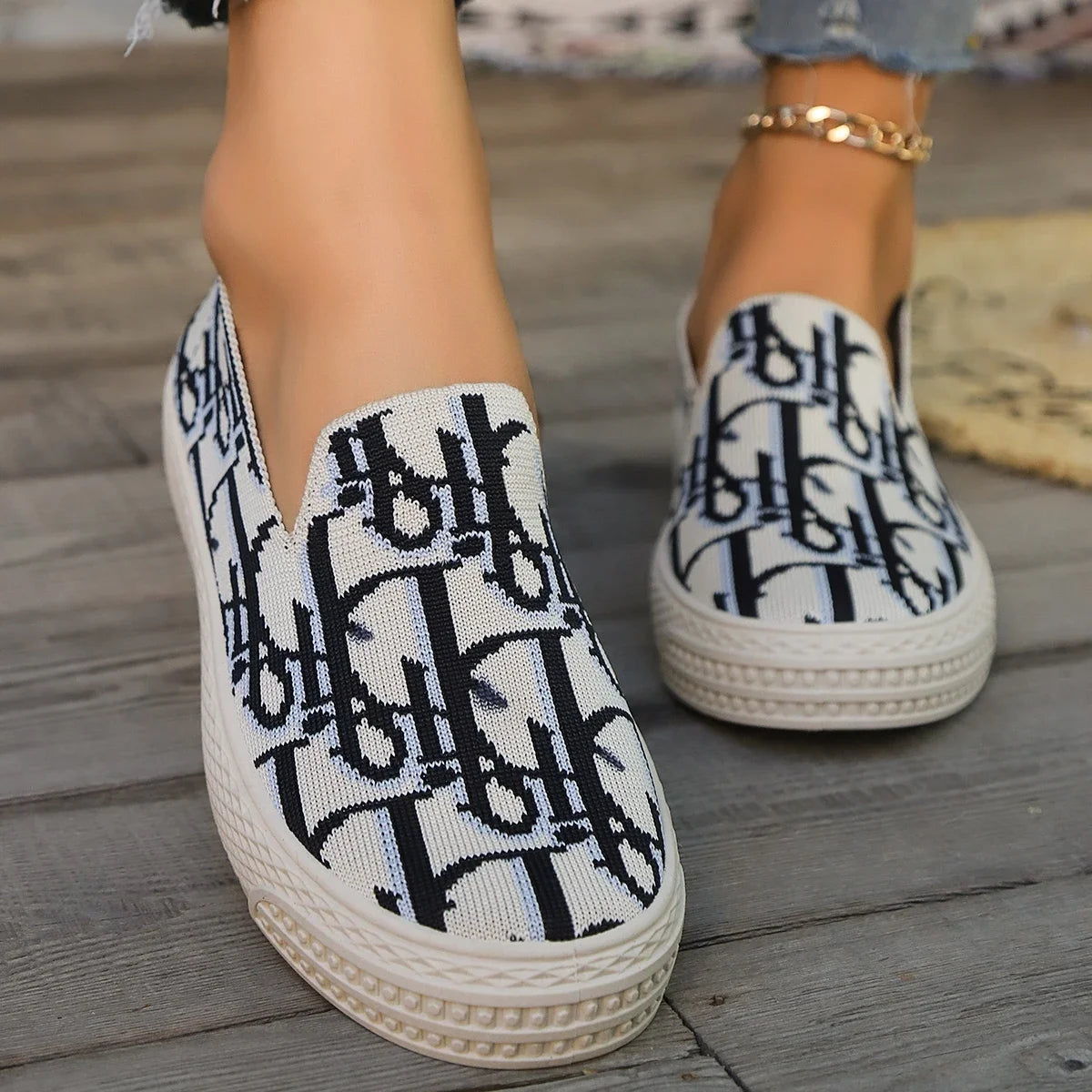 Graffiti Loafers Women's 2025 Spring  Knitted Deep Mouth Fashion Easiest for Match Casual Plaid Breathable Sneakers  Shoes