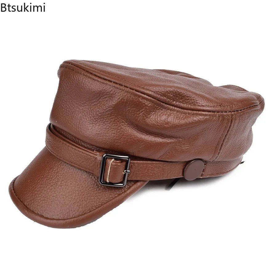 Motorcycle Hat for Women and Men Military Caps Real Leather Studentsr Hats Flat Female Adjustable Autumn Winter Captain Berets
