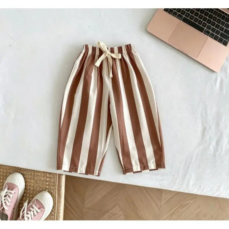 Kids Casual Loose Fit Pants Cotton Trousers With Striped Drawstring Design Multiple Color Choices Suitable For Boys And Girls