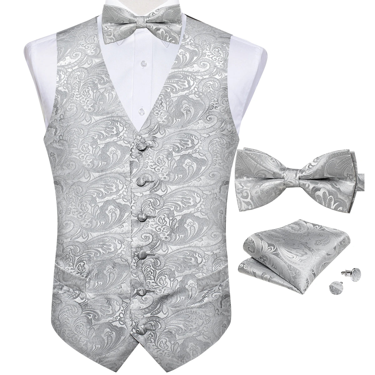 Wedding Classic Red Paisley Dress Vest for Man Fashion V-neck Luxury Men's Business Waistcoat Bowtie Pocket Square Cufflinks Set