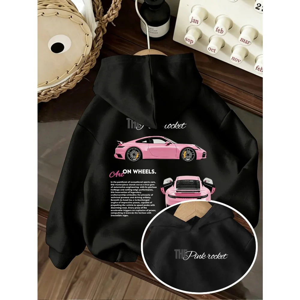 Kids Hoodie Pink Sports Car Print Long Sleeve Pullover Sweatshirt Boys Girls Casual Streetwear Children Hooded Tops