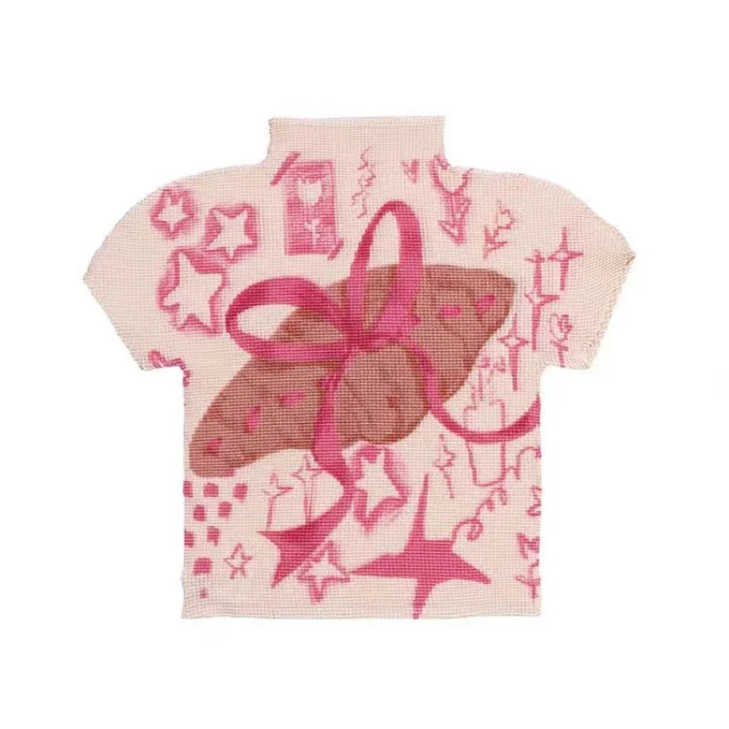 Retro Print High Elastic Design Blouse Women Summer Y2k Half High Collar Casual Thin Tops Korean Fashion 2000s Slim T-shirts New