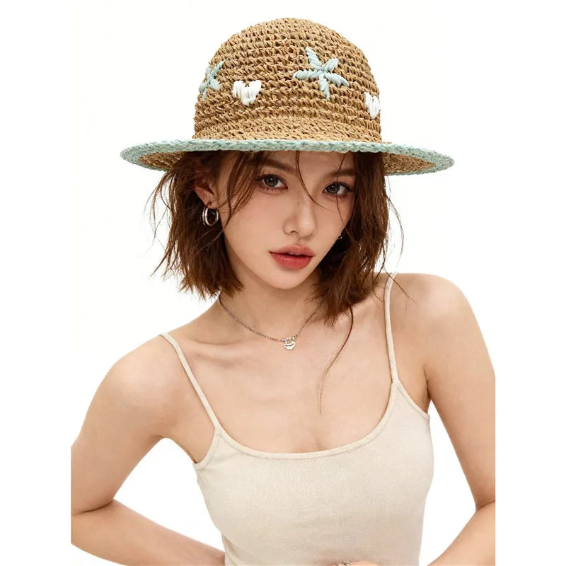 Colorful Flower Straw Hats for Women Boho Embroidered Flower Weave Hat Foldable Korean Hollow Out UV Protection Sun Cap Outdoor
