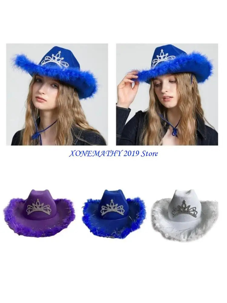 F42F Funny Party Hats Cowgirls Hat Furry Trims Ladies Western Hats for Womens Fedoras Western Cowgirls Hat Vintage