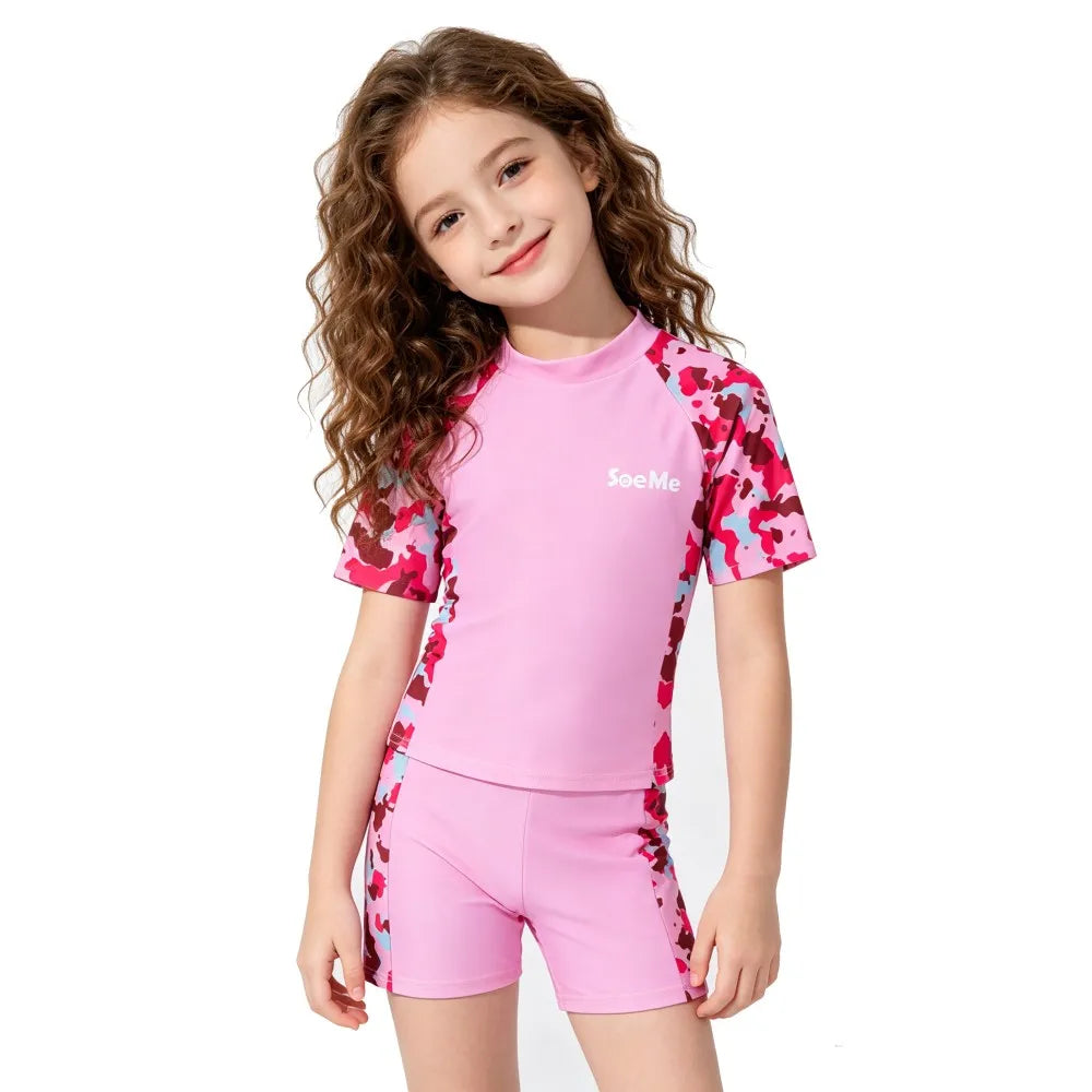 Boys Swimsuit Summer 2Pcs Rash Guard Camouflage Print Quick Dry Split Swimwear for 2-12Y Kids Beach Training Girls Bathing Suit