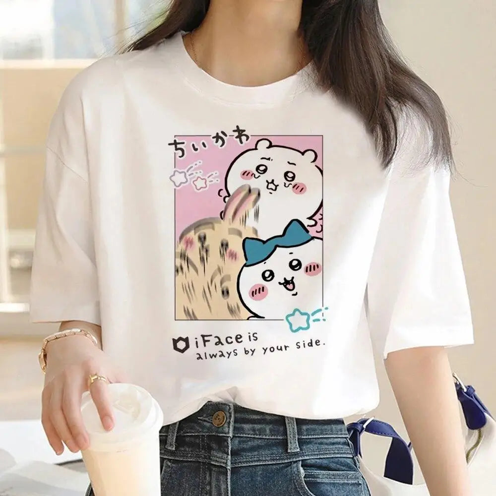 Kawaii Chiikawa Drinking Party T‑shirt Hachiware Usagi Kurimanju Cartoon Print Casual Loose Short Sleeve Tee Summer Unisex Tops