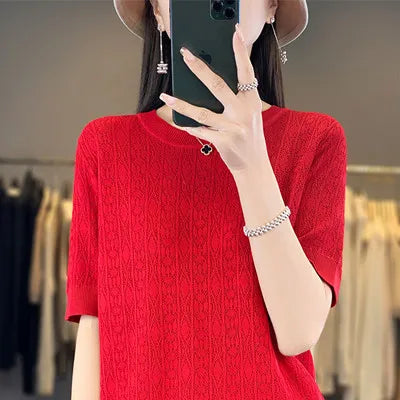 Summer New 100% Pure Cotton Sweater Short sleeved Women's Casual Solid Color Round Neck Pullover Loose Fashion Large Top