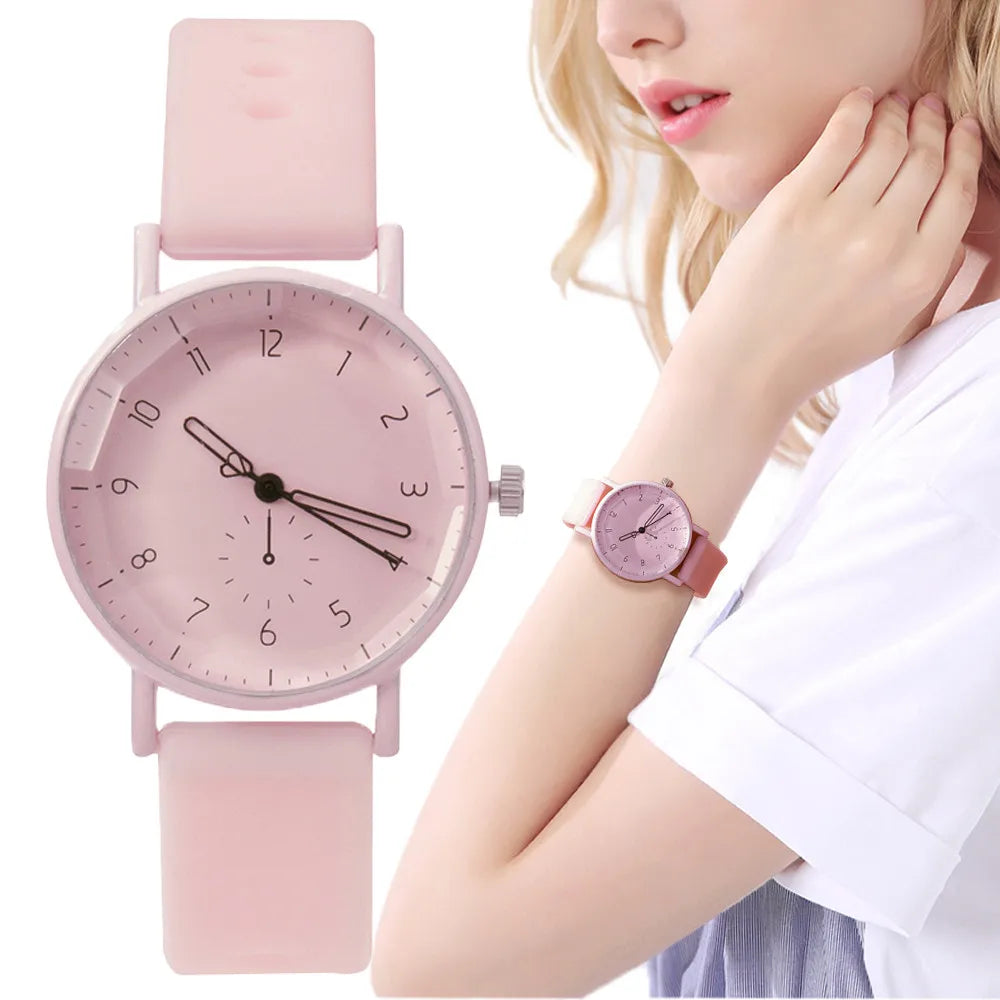 Fashion Women's Pink Minimalist Watch Silicone Strap Quartz Wristwatch Elegant Ladies Watches