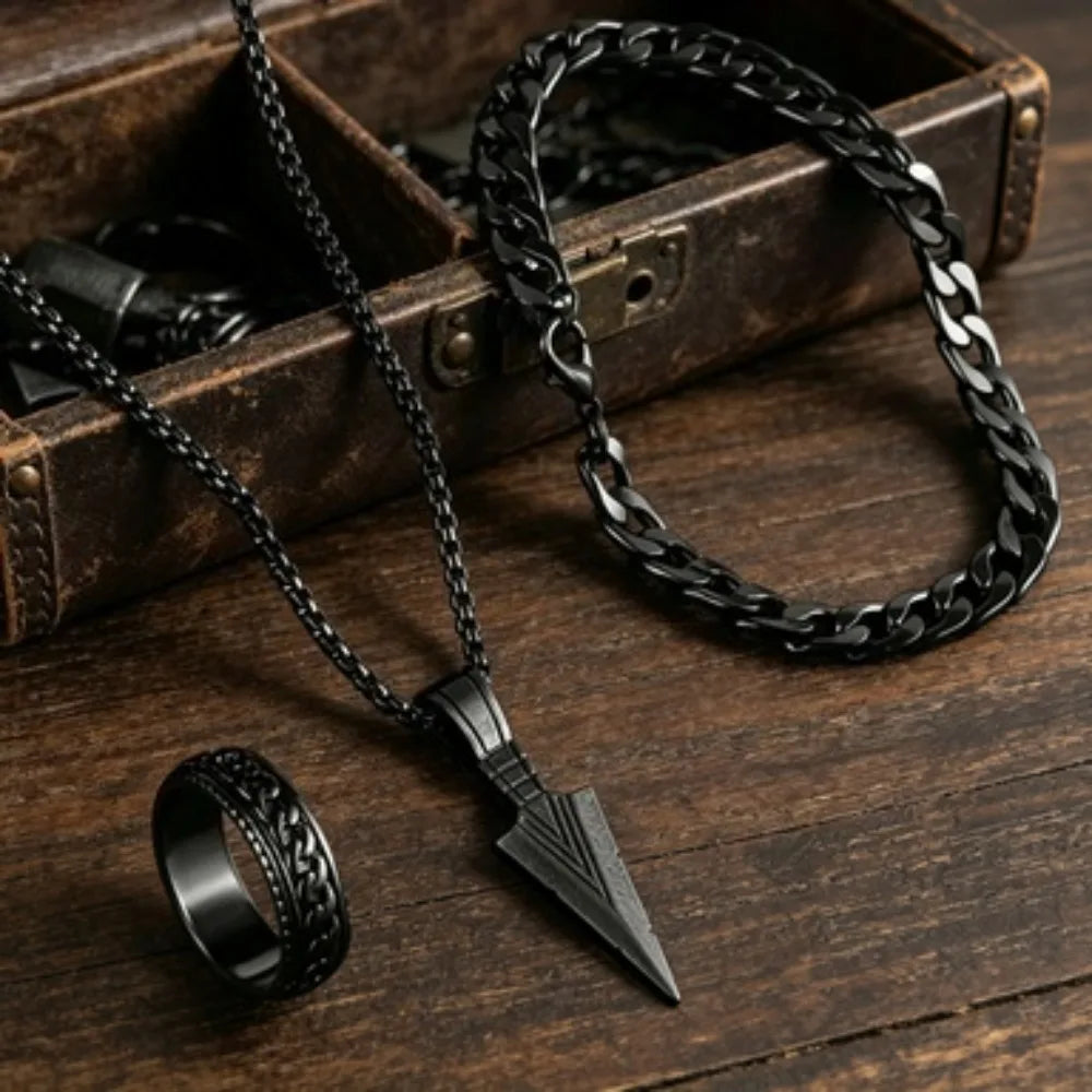 Hip Hop Men's Metal Cross Pendant Chain Necklace Bracelet Ring Jewelry Set Male Daily Wear Accessories 3pcs Set