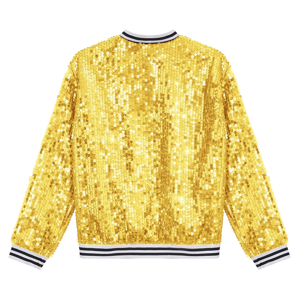 Kids Girls Hip Hop Jazz Dance Coat Long Sleeve Shiny Sequins Baseball Jackets Bomber Outerwear Rave Party Performance Costume