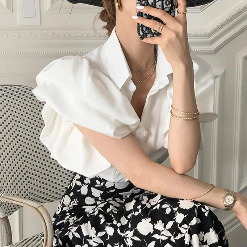 Gidyq Y2K Women Chiffon Black Shirts Summer Fashion Elegant Puff Sleeve Tops Korean All Match Female Casual Blouse New