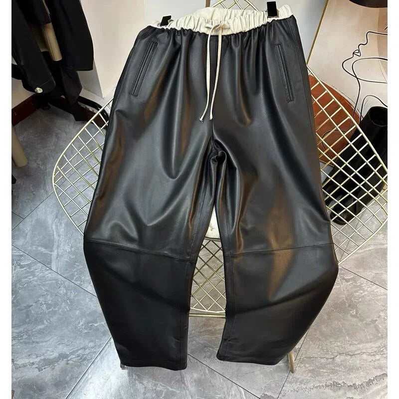 Pants For Women Genuine Leather Classic Female Straight Pipeline Suit Taller Trousers Long Legs Casual Streetwear Elastic Waist