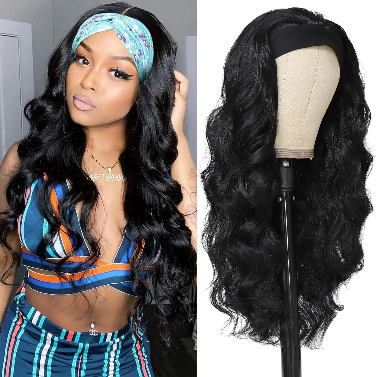 Synthetic Long Wavy Headband Wig for Women Headband Wigs Put On and Go Wig Long Curly Wig for Women Party Daliy Use