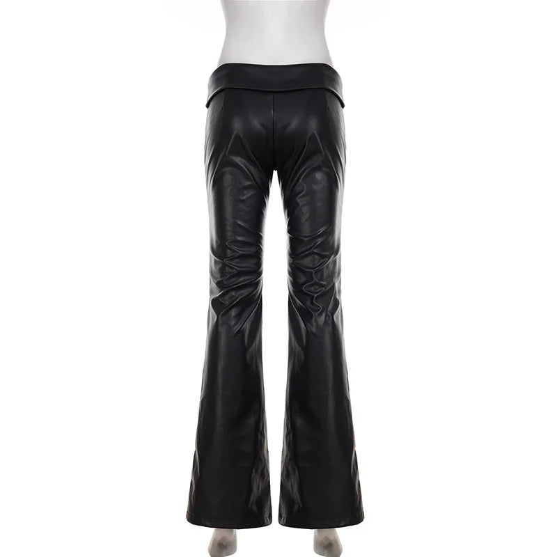 SUCHCUTE Chic Black PU Leather Pants Women Vintage Sexy Low Waist Trousers Y2k Streetwear Club Party Bottom All Match Clothes