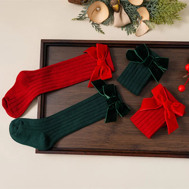 Kids Christmas Girls Socks Autumn Winter Toddlers Red Bowknot Baby Knee High Long Sock Soft Cotton Children Socken For 0-5 Years