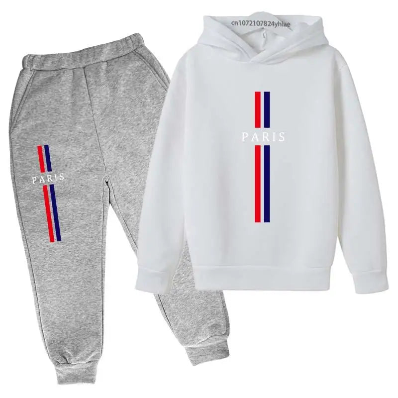 Kids Autumn Spring Casual Paris Print 2pcs Hoodie+Pants Tracksuits 2-13Years Boys Girls Fashion Streetwear Children Clothes Sets