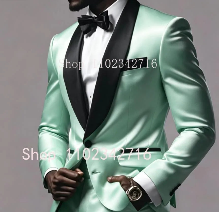 New Luxury Red Satin Men Suits 2025 Shawl Lapel Single Breasted Wedding Blazer 2 Piece Jacket Pants Formal Prom Party Suit Male