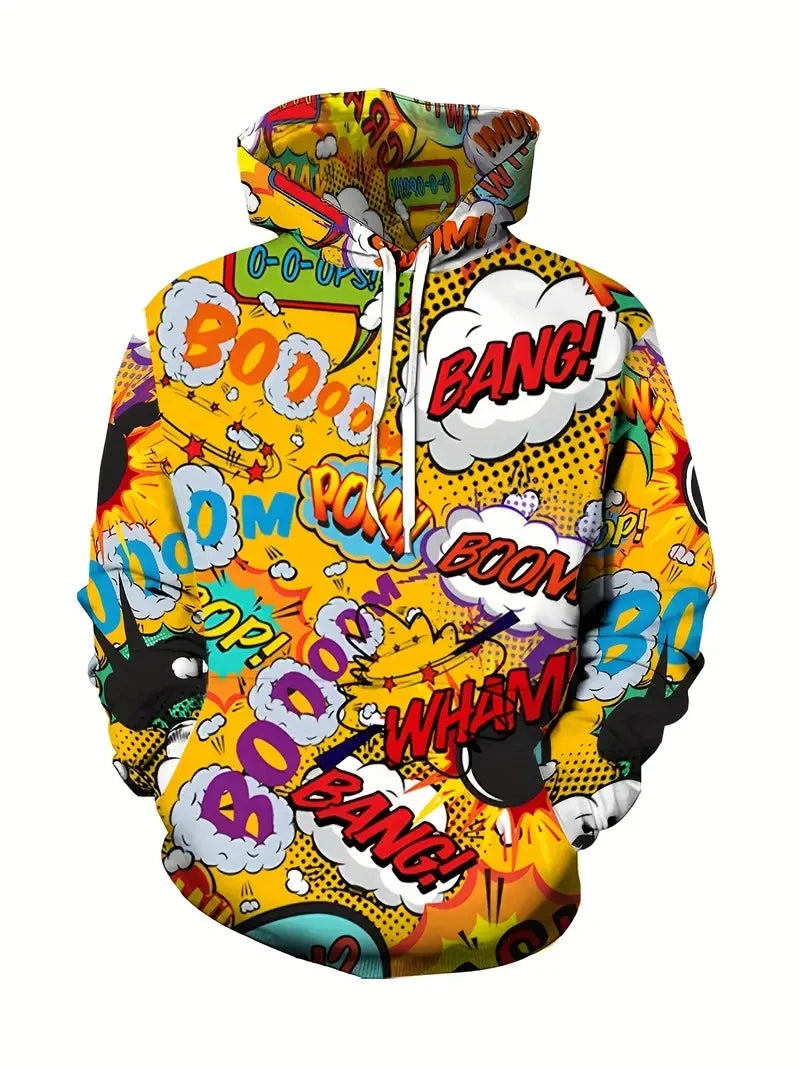 Colorful Cartoon Pattern Hoodies For Men Fun Anime Letter Ooops 3D Printed Sweatshirts Casual Long Sleeves Pullover Unisex Tops
