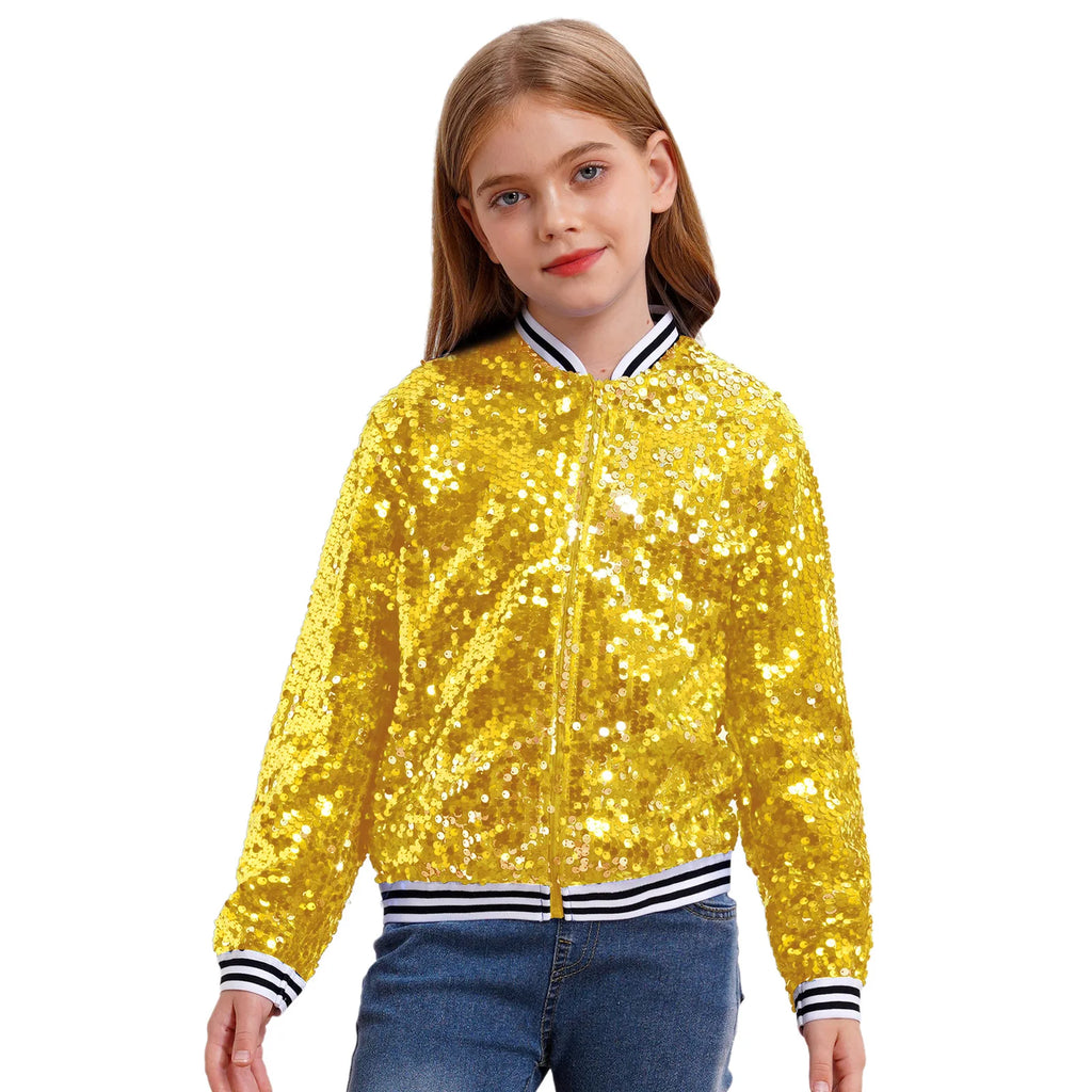 Kids Girls Sequin Jackets 6-16 Children Baseball Coat Outerwear Disco Performance Jazz Dance Costume Party Fashion Streetwear