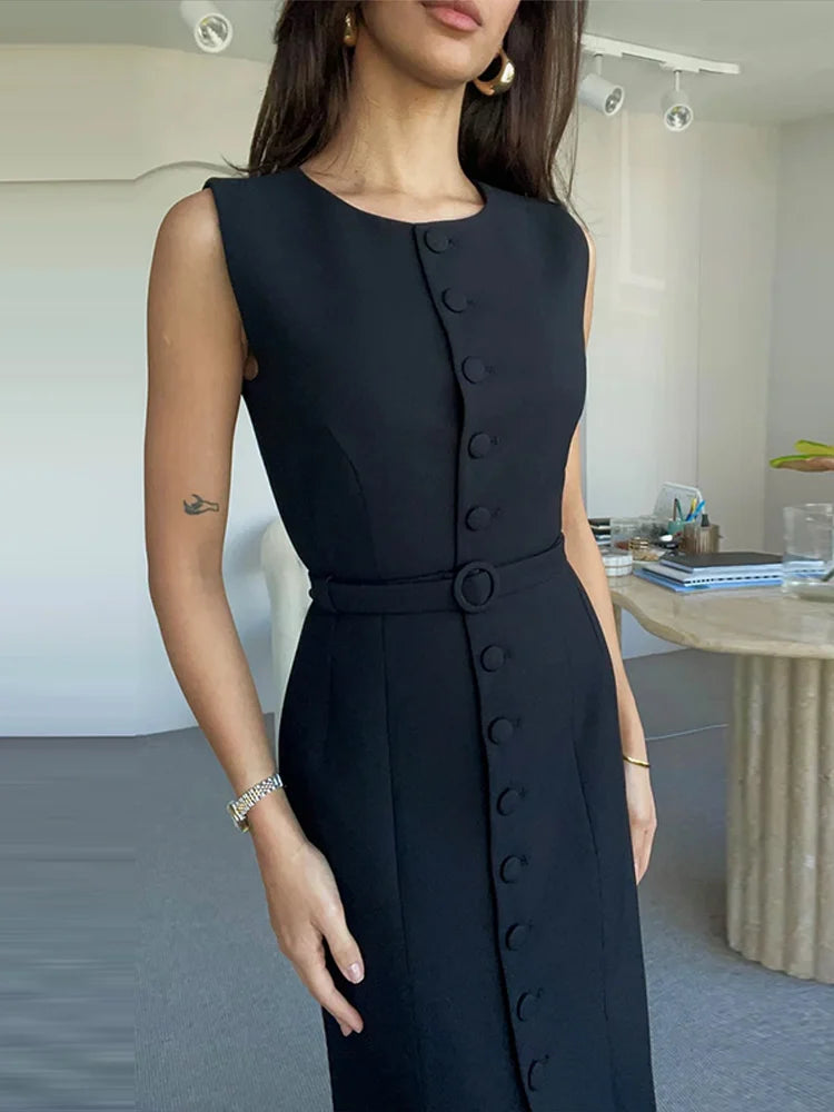 Women Long Dress Summer Casual Simple Solid Sleeveless Round Neck Single Breasted Dresses Nipped Waist Lace Up Robe Office