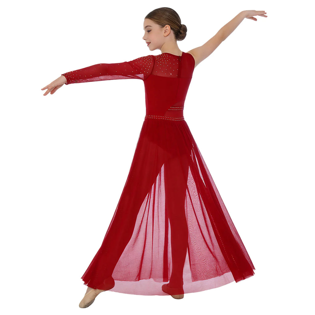 Kids Girls Lyrical Contemporary Dance Dress Patchwork Side Split Mesh Shiny Rhinestones Dresses Competition Performance Costumes