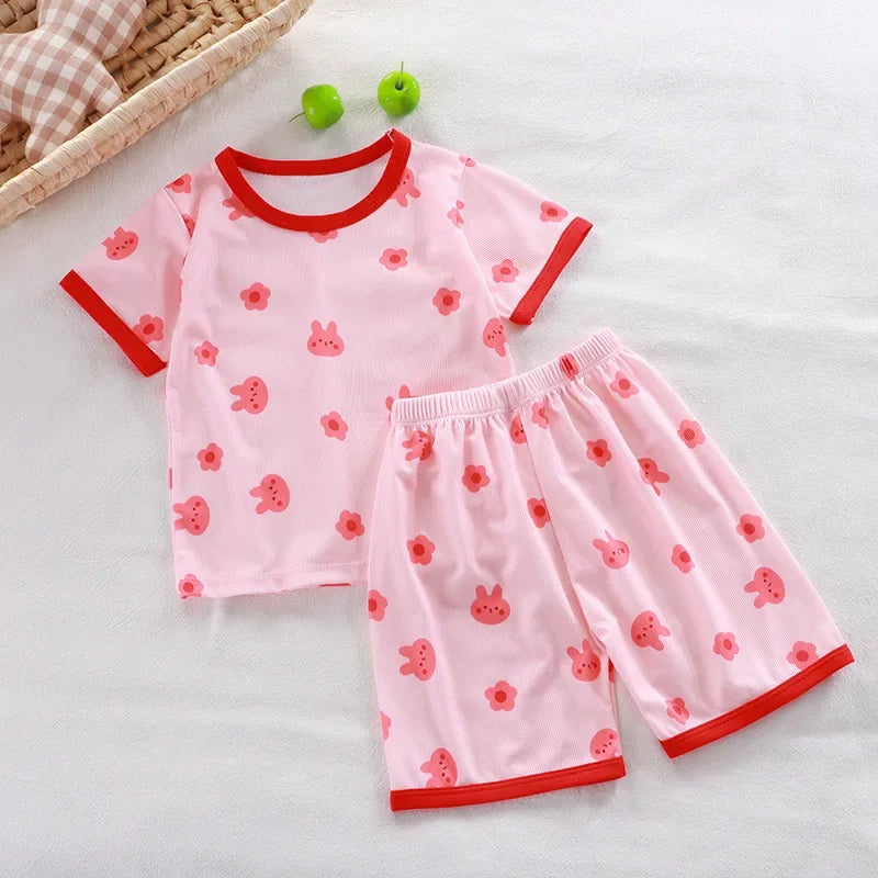 2024 New Boys Girls Summer Thin Clothing Sets Kids Cute Cartoon Print Short Sleeve T-Shirt Tops with Shorts Toddler Baby Pajamas