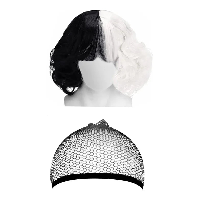 Women Wig Black and White Split Color Short Curly Hair Synthetic Half Black Half White Bob Wigs Halloween Cosplay Party Headwear