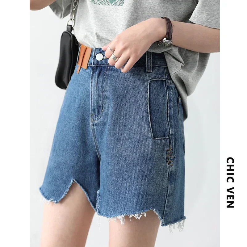 CHIC VEN  Women's Denim Shorts Retro Irregularly Cut Blue High-waisted Short Jeans for Women Streetwear Pants Ladies Summer 2022