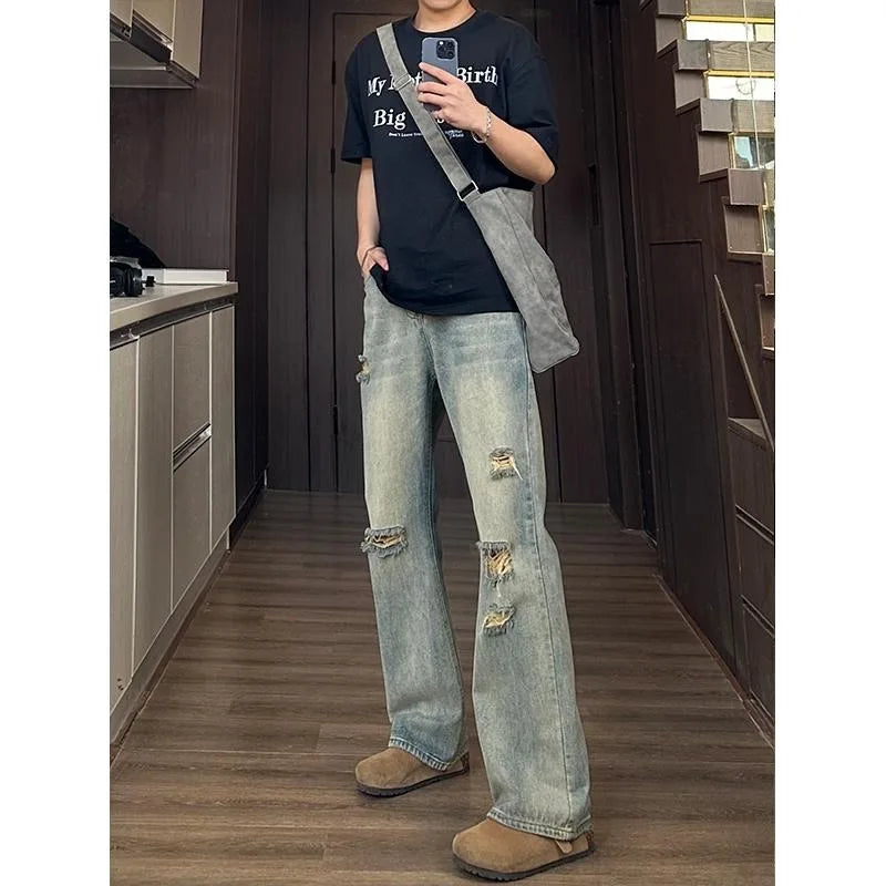 Man Pants Mens Jeans Baggy Jeans Distressed Loose Straight Leg Summer Retro High Street Casual Trousers For Men