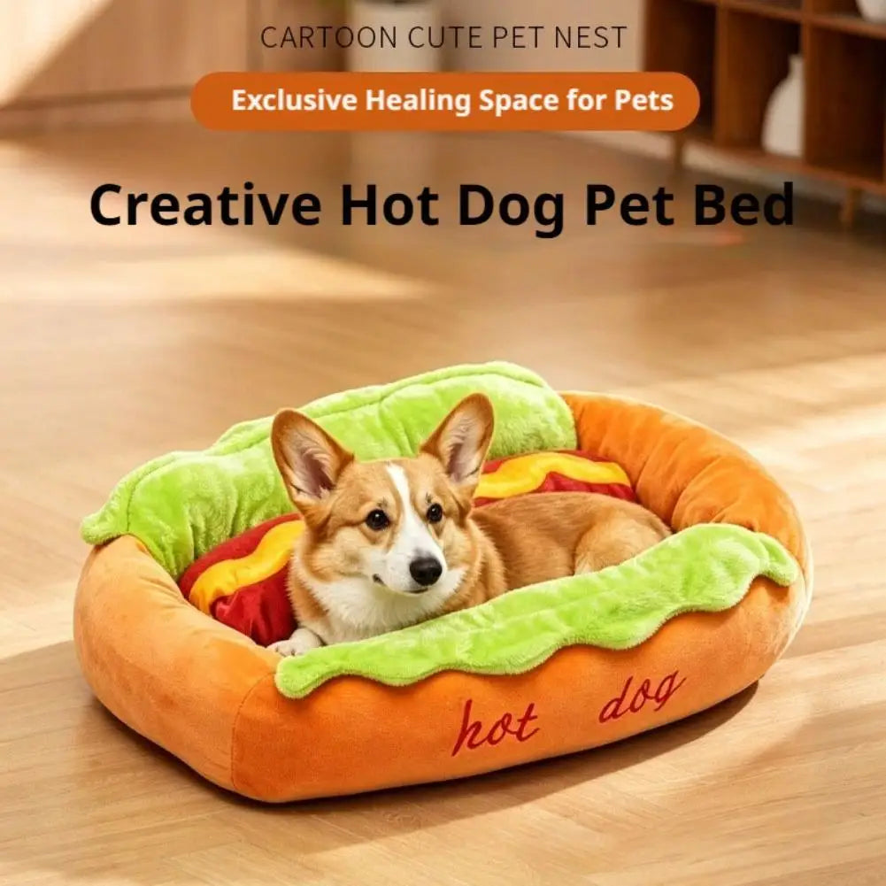 Plush Hot Dog Pet Bed Detachable Pet Nest Warm Soft Sleeping Cushion Cute Cartoon Sausage Design Dog Bed Cat Sofa Pet Accessory