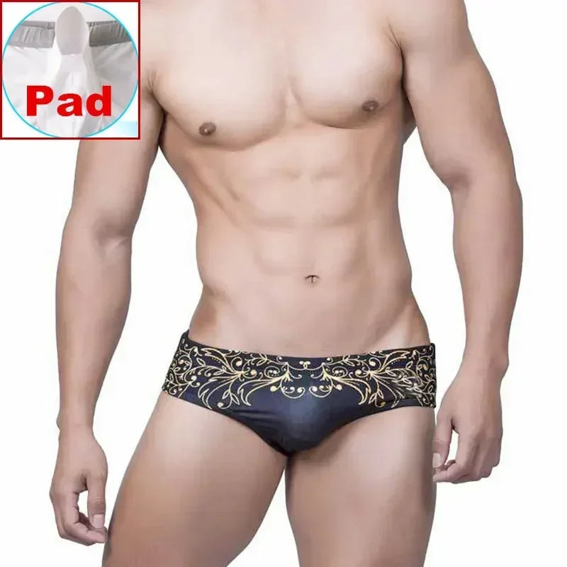 Black Swiwear Men Retro Gold Leaf Print Swim Briefs Mens Swimming Trunks Beach Shorts Surffing Short Male Bikini Swimsuits Man