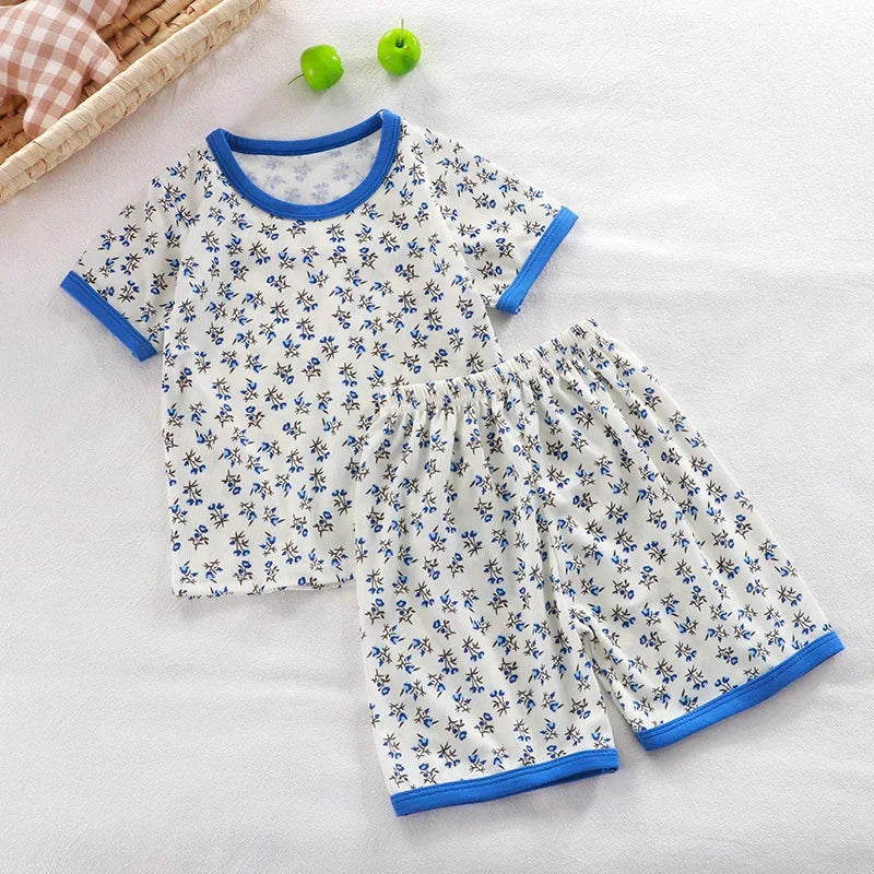 2024 New Boys Girls Summer Thin Clothing Sets Kids Cute Cartoon Print Short Sleeve T-Shirt Tops with Shorts Toddler Baby Pajamas