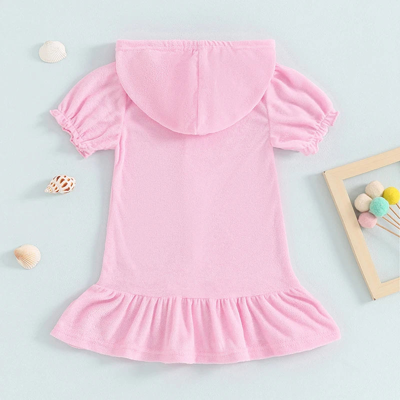 Children Kids Girls Dresses Toddler Girls Short Sleeve Zipper Hooded Ruffles Cover Up Holiday Beach Dress 1-8Y