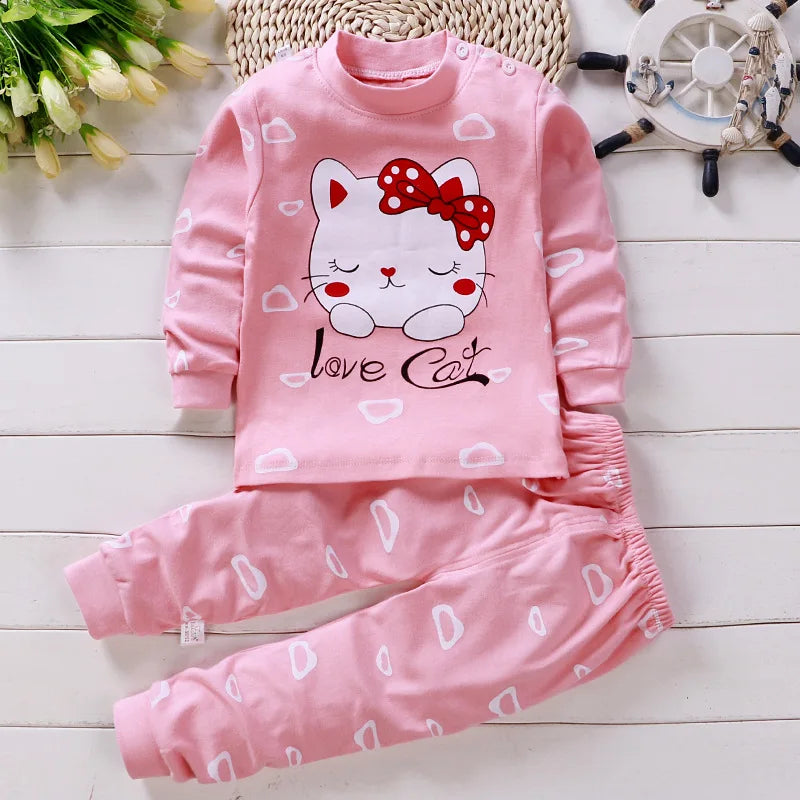 Baby Girl Home Clothes Pajamas Long Pants T-shirt Cartoon Underwear 2-Piece Cartoon Cat Pattern Girls Clothes Suit 0 to 6 Years