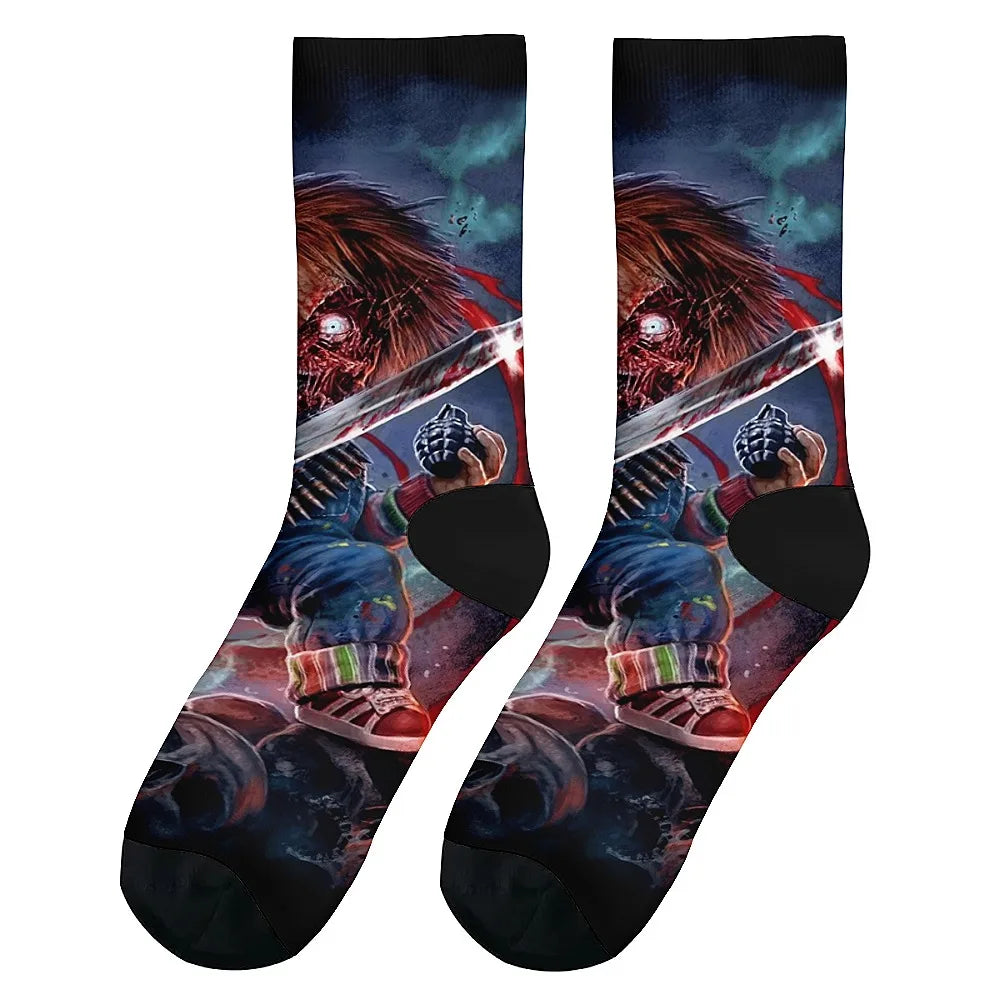 Horror movie themed men's fashion socks, fun crew socks, comfortable breathable socks, retro casual sports, the ideal gift.
