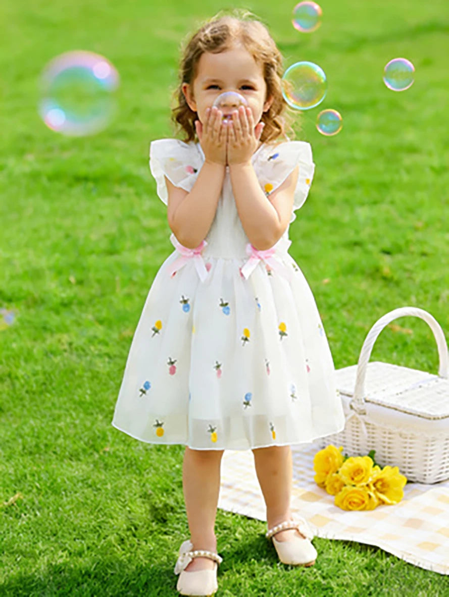 Kids' Forest-Style Flutter Sleeve Tulle Tutu Dress, Girls' Summer Fresh Fruit Print Dress