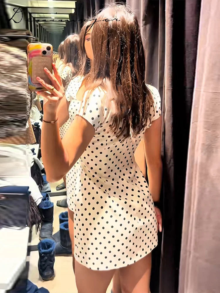 Fashion Polka Dot Square Neck Dress Women's Short Sleeve Slim Lace Up Mini Dresses 2026 Spring New Lady Elegant Casual Wear