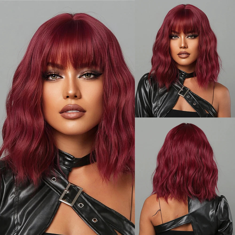 Short Curly Wavy Wigs with Bangs Deep Red Colorful Synthetic Wig Cosplay Hair for Women Party Halloween Hairs High Temperature