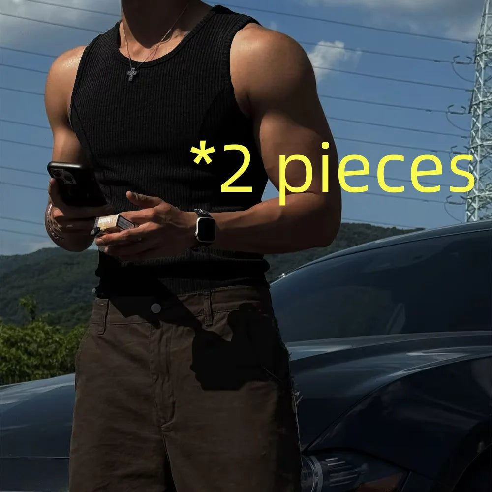 Mens Ribbed Sleeveless Tank Top Activewear Fitness Sports Bodybuilding Vest Breathable Quick-drying Elastic Undershirt Gym Top