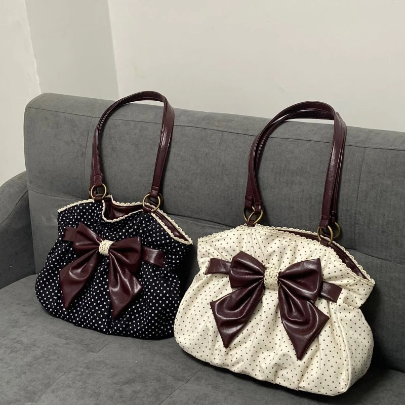Chic Polka Dot Tote Bag Casual Commuting Vintage Women Handbags Shoulder Bag Versatile Large Capacity Dot Design Bow Sweet Bag