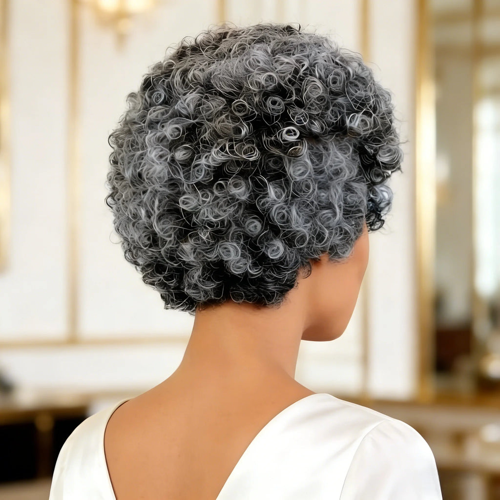 Grey Human Hair Wig for Women Short Curly Bangs Wig Mom/Grandmother Daily Use 6 Inch Bouncy Curly Wigs Full Machine Made Wigs