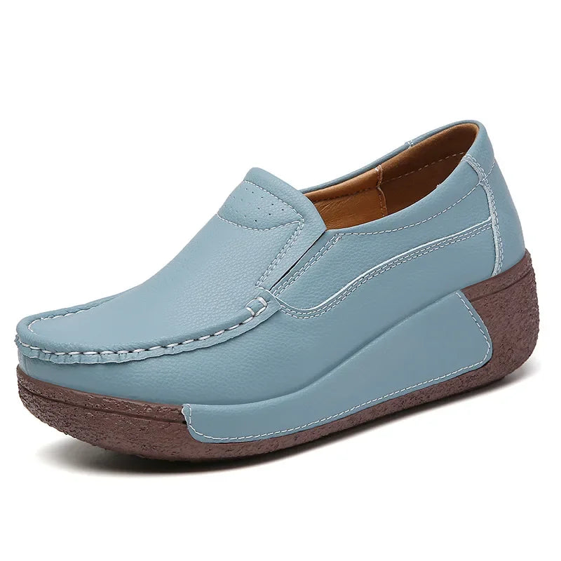 Spring and Summer Women Fashion Loafers Genuine Leather Moccasins Autumn Slip-on Casual Round Toe Wedge Platform Rocking Shoes