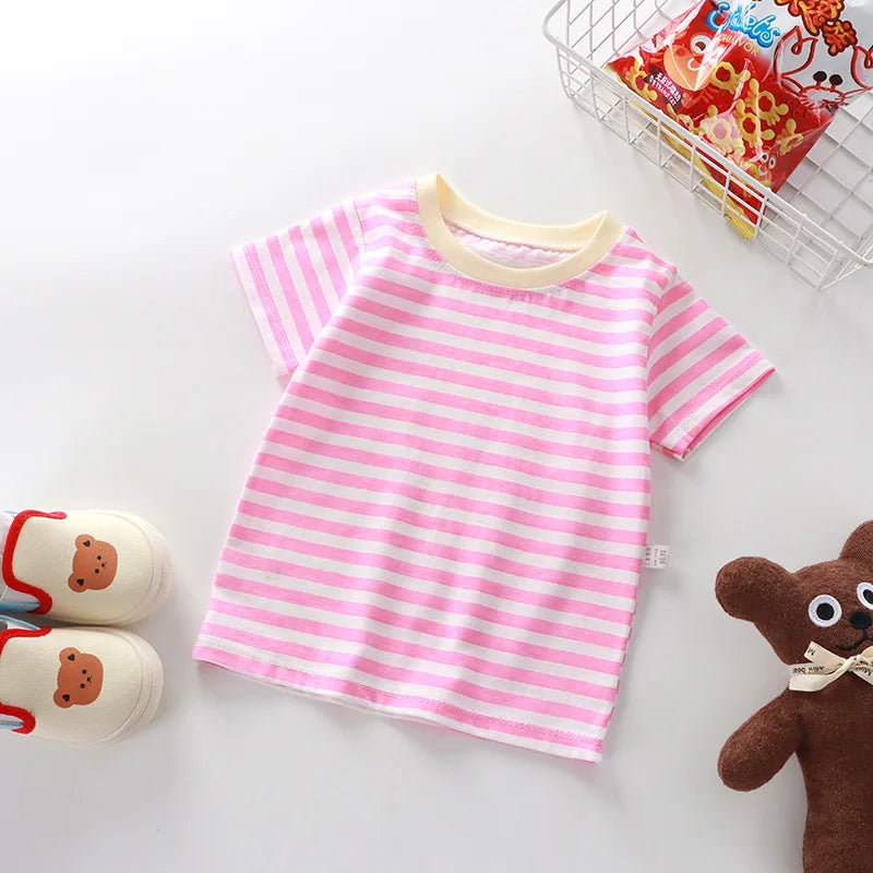 1pcs Kid 100% Cotton Short Sleeve T-shirt Summer Baby Comfortable Clothes Boys Girls Stripe Tee Children Breathable Leisure Tops