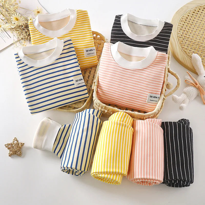 0-5-Year-Old Baby Plush Children's Pajamas Solid Color Long-Sleeved Pants Breathable Pajamas for Boys and Girls Casual Wear