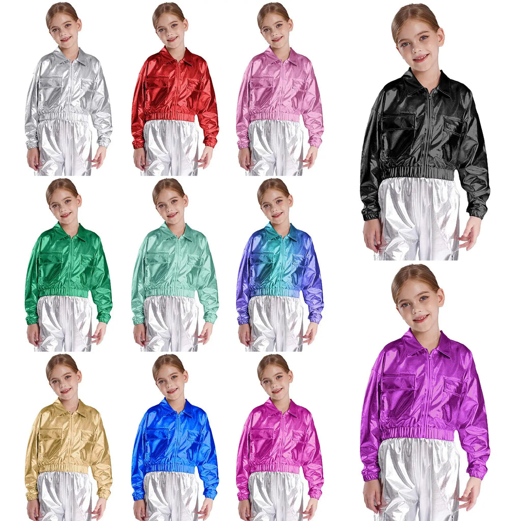 Kids Boys Girls Metallic Shiny Jacket for Hip-Hop Jazz Dance Tops Long Sleeve Flap Pockets Outwear Dancing Performance Costumes