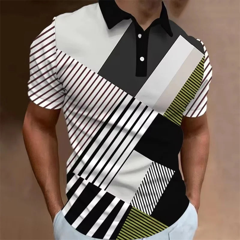 3D Printed Stripe Geometry Polo Shirt For Men Color Block Pattern Tees Summer Street Loose Short Sleeve Tops Lapel T-Shirts